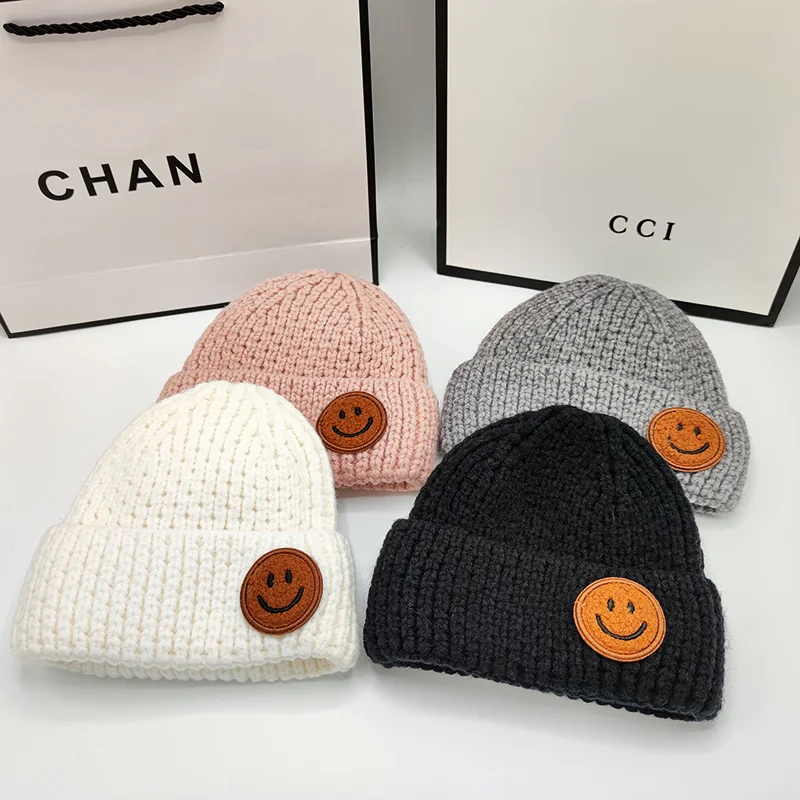

2021 New Wool Beanie Cute Smiley Hat For Women Winter Spring Knitted bonnet Hats For Women Female Girls Skullies Beanies