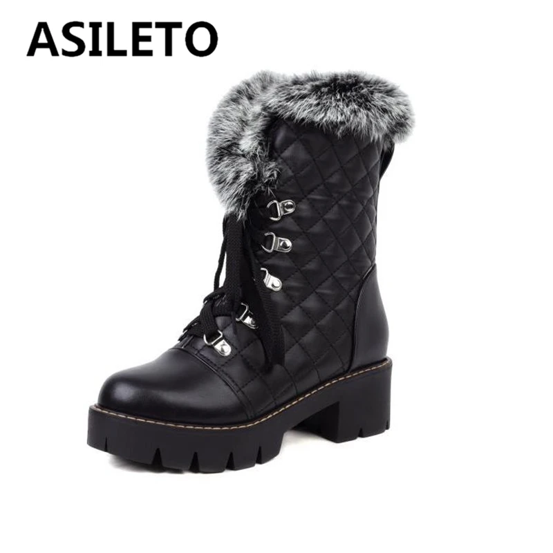 

ASILETO Fashion Outdoor Mid-Calf Boots Round Toe Flat Lace-up Splicing Eu Size 34-43 Grid Black White Leisure Winter Fur S2690