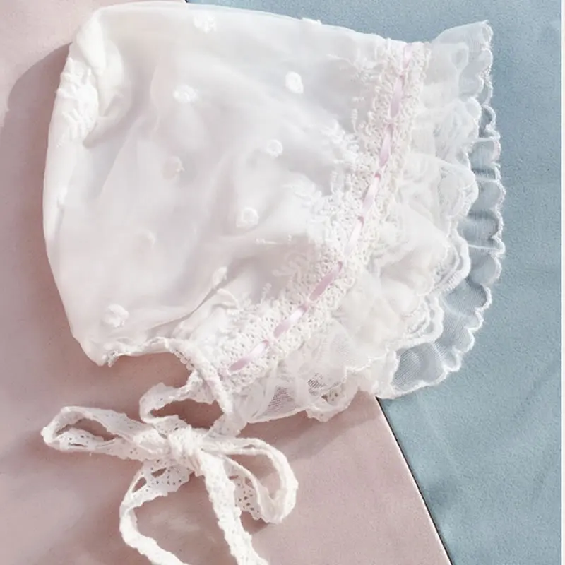 Шапочка для новорожденных хлопковая с кружевом детей 0-9 месяцев | Детская одежда