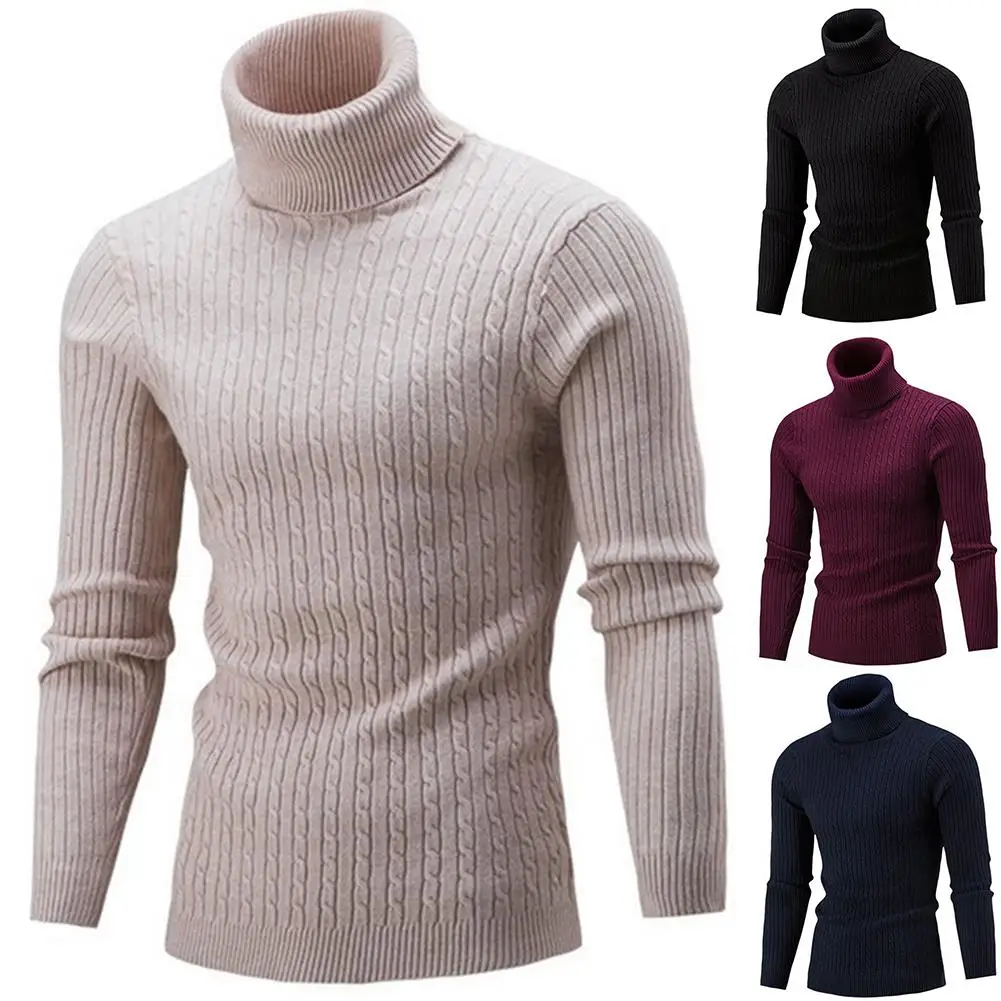 

Fashion Men Turtleneck Solid Color Long Sleeve Knitted Sweater Pullover Top
