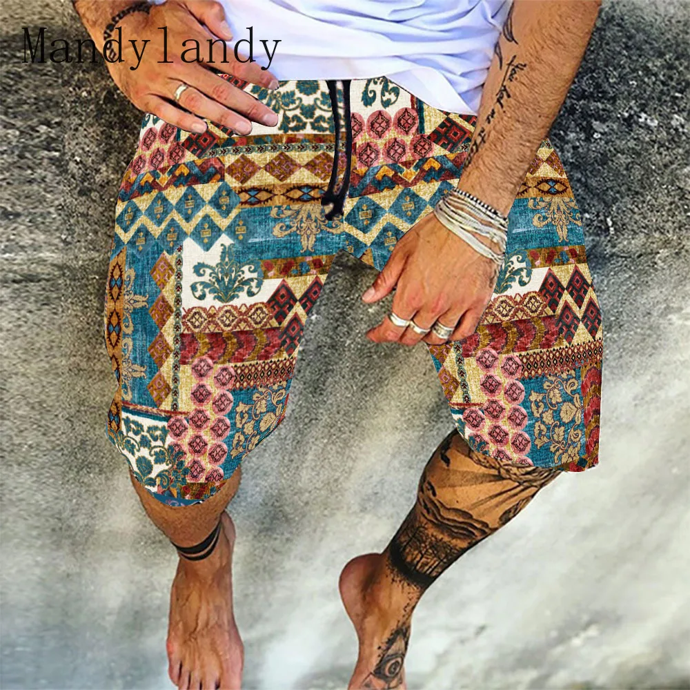 

Mandylandy Men Bermuda Shorts Clothing Print Youth Casual Beach Shorts Pants Jogger Loose Lace-up Hawaiian Shorts Work Pants