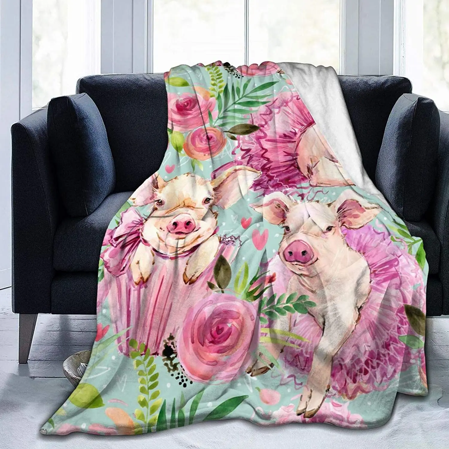 

Cute Watercolor Ballet Pig Fleece Throw Blanket Plush Soft Throw for Bed Sofa