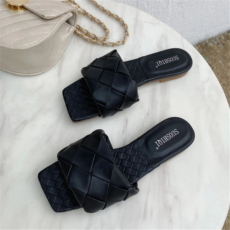 Женские шлепанцы из плетеной кожи синие или фиолетовые повседневные с открытым