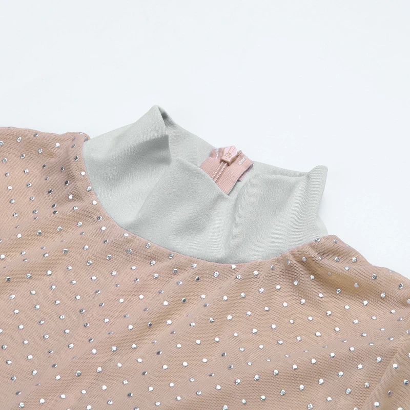 

Women Transparent Long Sleeve Diamonds Mesh Patchwork Bodycon Dress Skinny Sexy Party Dress