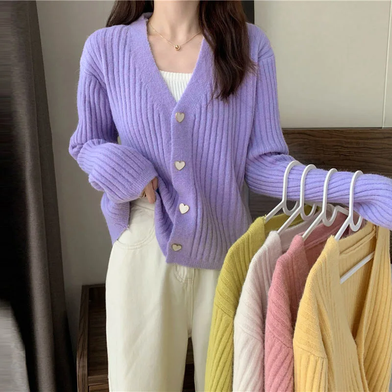 

Solid Knitted Cardigan Sweater Women 2021V Neck Korean Style Fashion Clothing Autumn Long Sleeve Coats Pink Sweaters