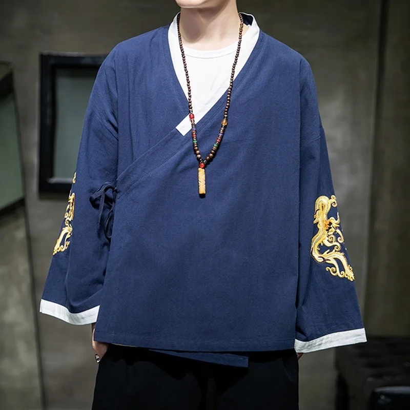 

2021 Chinese Style Linen Jacket Hanfu Men Costume Suit Loose Large Size Cotton Linen Retro Style Tang Suit Robe Male KK3726