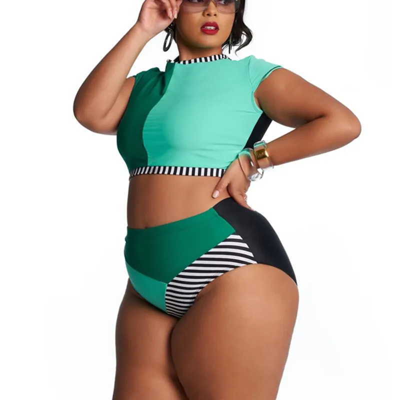

New ladies plus size swimwear multicolor stitching high waist bikini swimwear wholesale 2XL 3XL 4XL