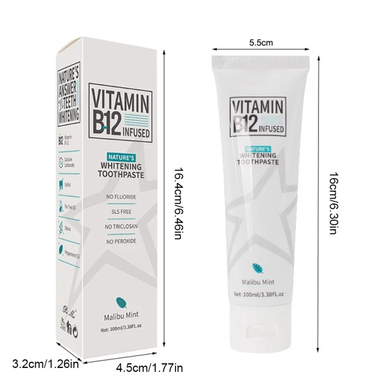 

100ml Vitamin B12 Remove Stains Tooth Whitening Toothpaste Mint Brighten Gum Repair Oral Hygiene No Fluoride Beauty Health Fresh