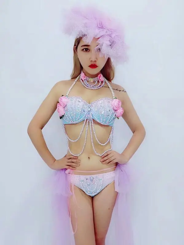 

Блестящий сексуальный бюстгальтер розового цвета с длинным шлейфом, Женская Одежда для танцев и вечеринок, костюм для ночного клуба, Женски...