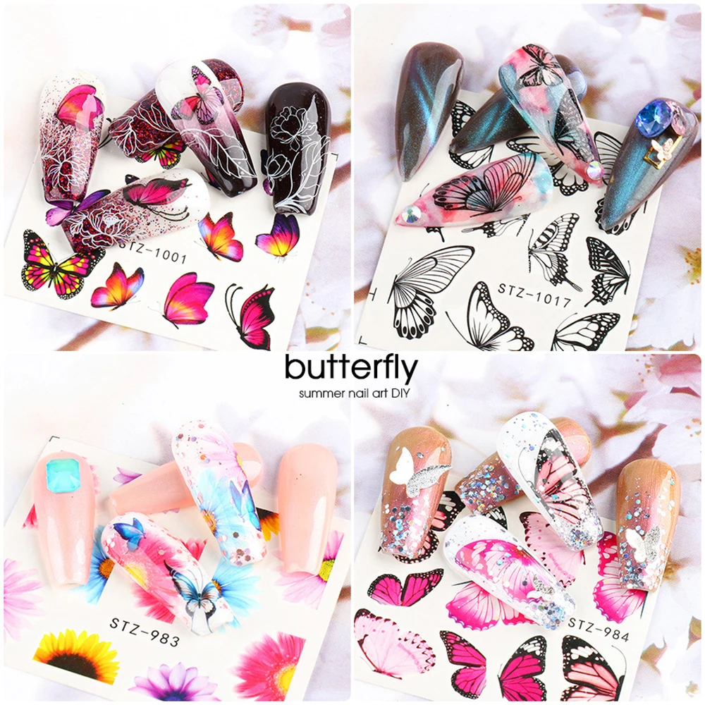 

1/12/30Pcs Watercolor Butterflies Sliders Blue Black Nail Decal Sticker Summer Nail Art Decoration Water Tattoo Manicure Tips