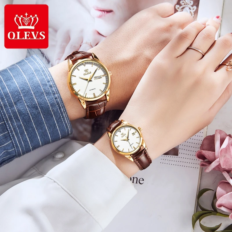 OLEVS Fashion Couple Watches Automatic Watch Leather Strap Design Brand Women Men's Mechanical Wristwatches montre homme femme