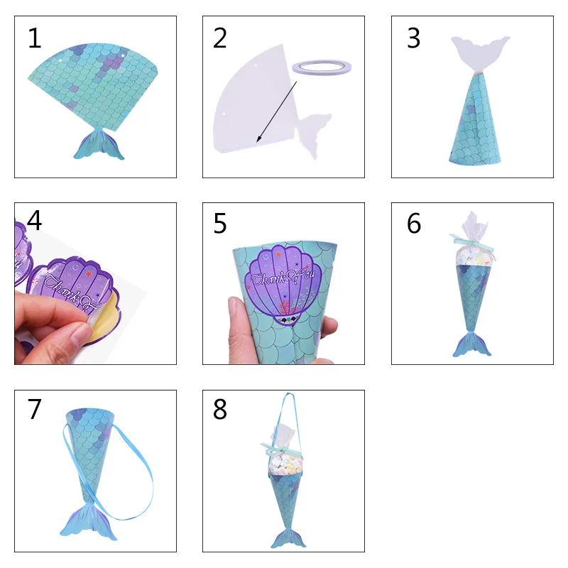 

48Pcs Mermaid Tail Paper Portable Bags Birthday Weeding Christmas Halloween Packaging DIY Candy Marshmallow Cookies Gift Box Bag