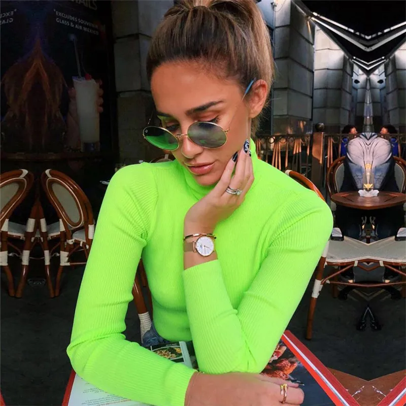 

Fluorescent Green Yellow Turtleneck Knitted Sweater Women Autumn Winter Casual Long Sleeve Ribbed Sweater Streetwear Pullovers