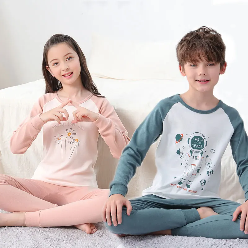 

Children's Cotton Pajama Sets Long Sleeved Big Boys Sleepwear Teenager Girls Clothes Kids Pyjamas New Cartoon Baby's Nightwear