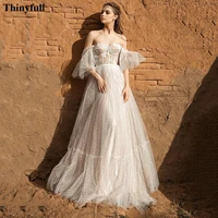 thinyfull dotted tulle appliques lace wedding dress boho tiered tulle off the shoulder bridal party gowns corset bride dresses