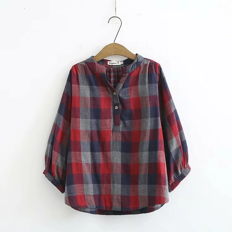 

Plus Size Women's 3/4 Sleeve Blouse Fashion Female Loose Plaid Blusas Casual Tops Vintage Shirts