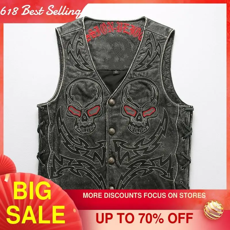 

2021 Vintage Black Skulls Embroidery Biker's Leather Vest Men Plus Size 5XL Genuine Cowhide Slim Fit Short Motorcycle Coat