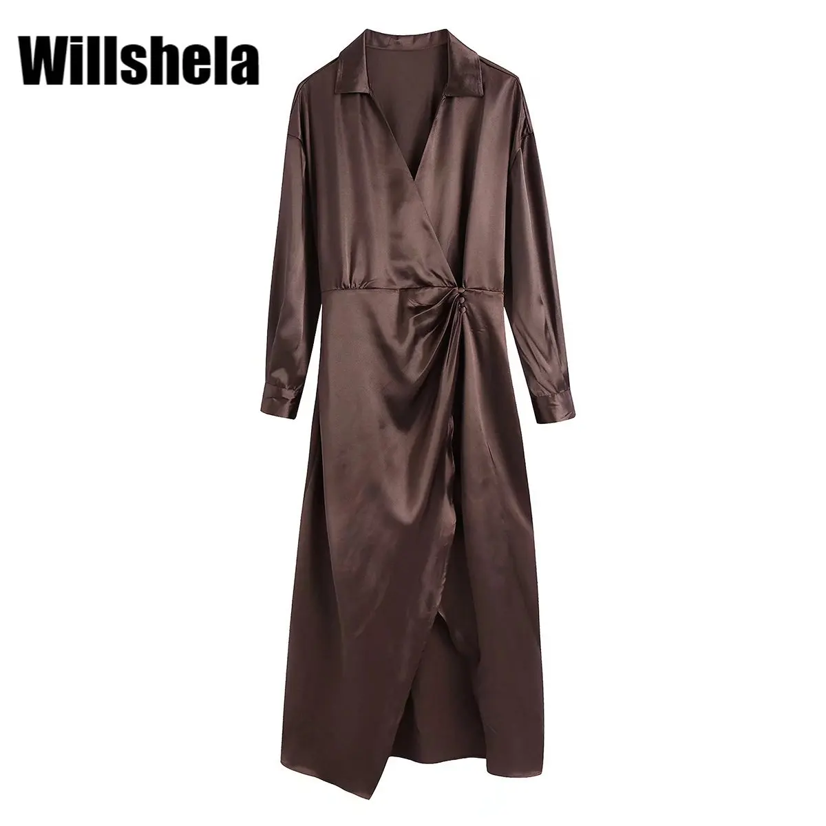 

Willshela женское модное коричневое однотонное платье миди с разрезом сбоку винтажные женские платья с длинным рукавом и v-образным вырезом