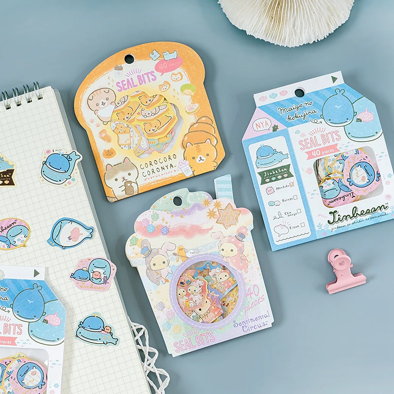 

40pcs/pack Blue Whale Bread Cats Decor Stickers Album Hand Account Decor