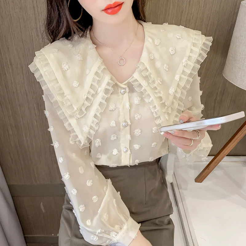 

Lace Doll Collar Long-Sleeved Lace Shirt for Women 2021 Autumn New Fashion Loose Slim Fit Sweet Top Fashion