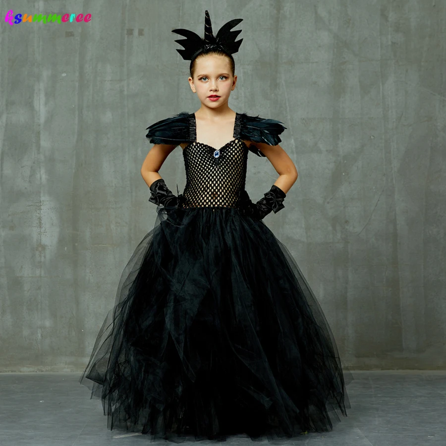 Black Long Devil Tutu Dress Halloween Costume Girls Tulle Dark Angel V-neck Kids Pageant Carnival Party Ball Gown Dresses | Детская