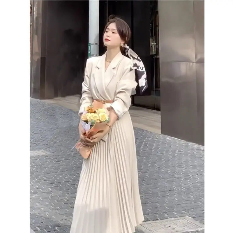 

Office Lady Dress Women Chic Elegant Original Temperament Notched Collar Big Lapel Solid Color Twill Long Sleeve Pleated Dresses