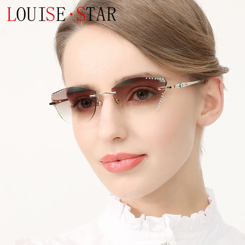 

β Titanium Myopia Sunglasses Ladies Rimless Diamond Butterfly Frame Flat Lens Progressive With Prescription Diopter Astigmatism
