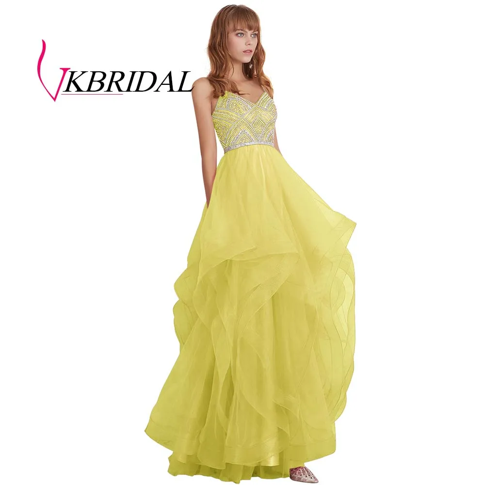 VKBRIDAL красные многоуровневые тюлевые платья для выпускного вечера новые Бальные платья с бисером и кристаллами официальное длинное вечернее платье - Цвет: Цвет: желтый