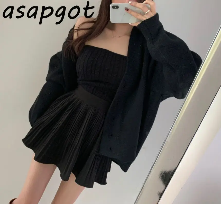 

Chic Korean Elegant V Neck Knit Cardigan Puff Long Sleeve Sweater Jacket Sexy Strapless Camisole Skirt Mini Retro 3 Piece Set