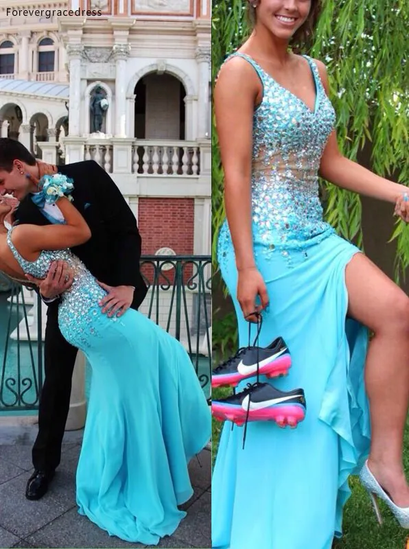 

Turquoise Color Prom Dress Mermaid V Neck Crystal Beaded Evening Party Gown