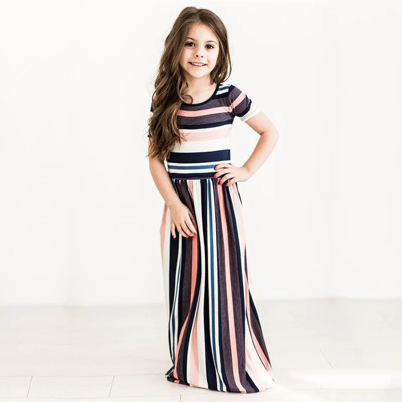 

5 Color of Kids Dresses for Children's Clothing Short Sleeve Baby Girls Color Striped Print Round Neck Waist Long Dress
