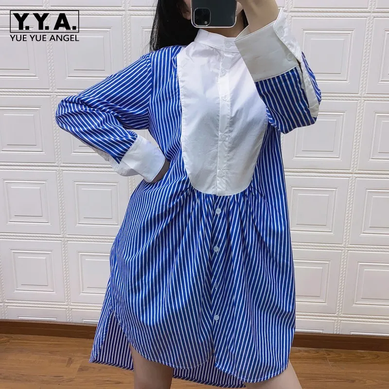 

2021 New O-Neck Splice Striped Shirt Dress Female Sweet Blue Single Breasted Long Sleeve Dress Spring Summer Irregular Dress