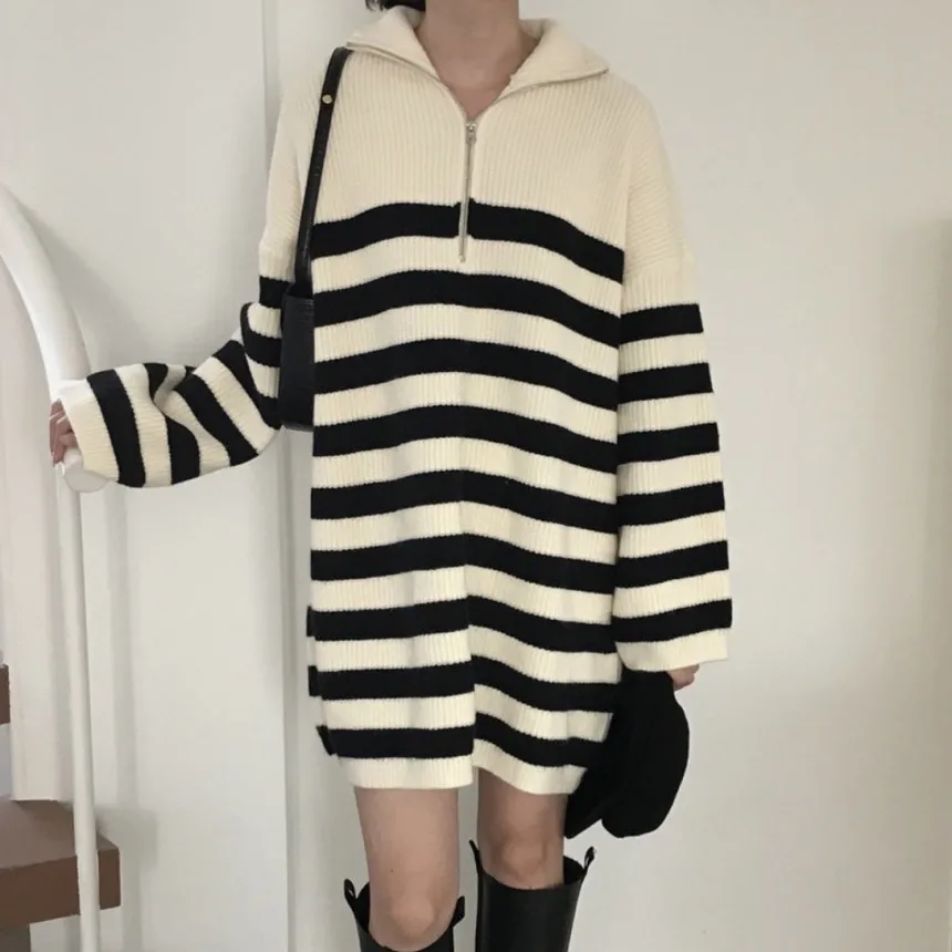 

Черно-белое Полосатое кашемировое платье-свитер, женское осенне-зимнее платье с длинным рукавом, пуловер на молнии, свитеры, вязаное платье,...