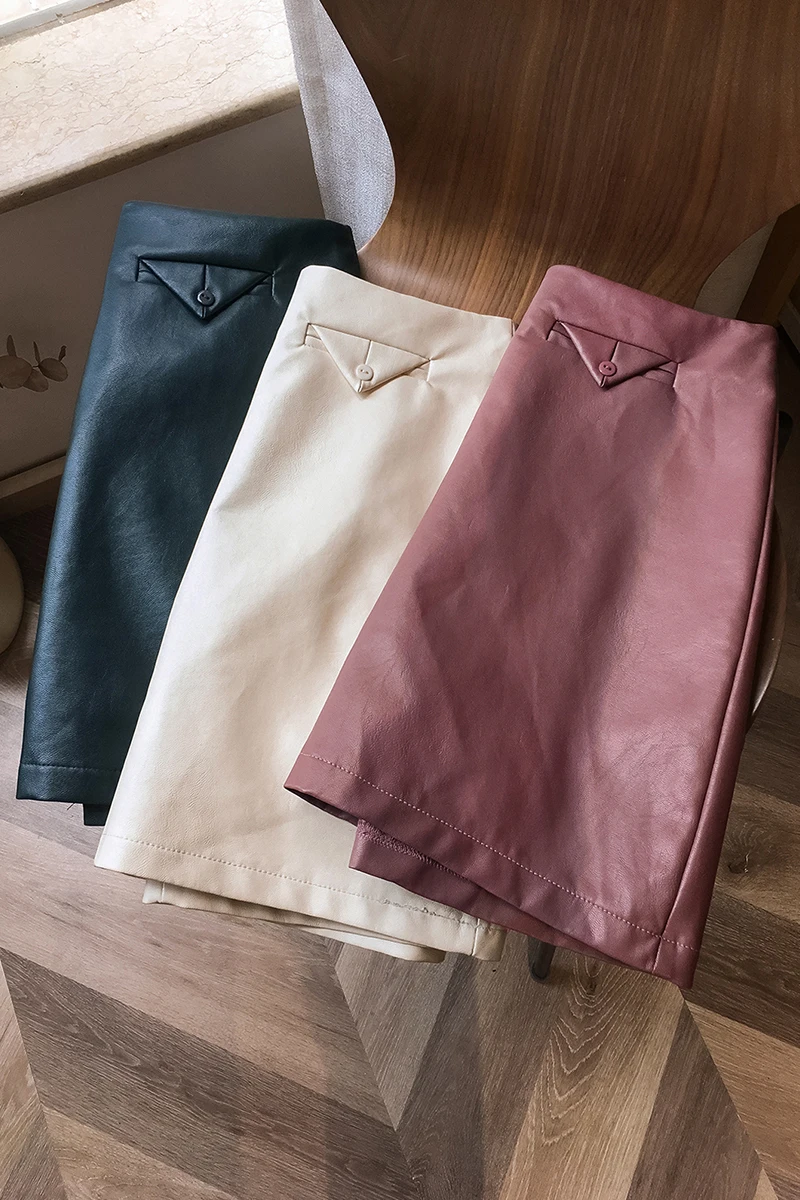 

Blue Purple Black Faux Leather Mini Skirt A-line High Waist Ultra Sexy Mini Bottom Holiday Party Wear Skirts Desgin Pocket