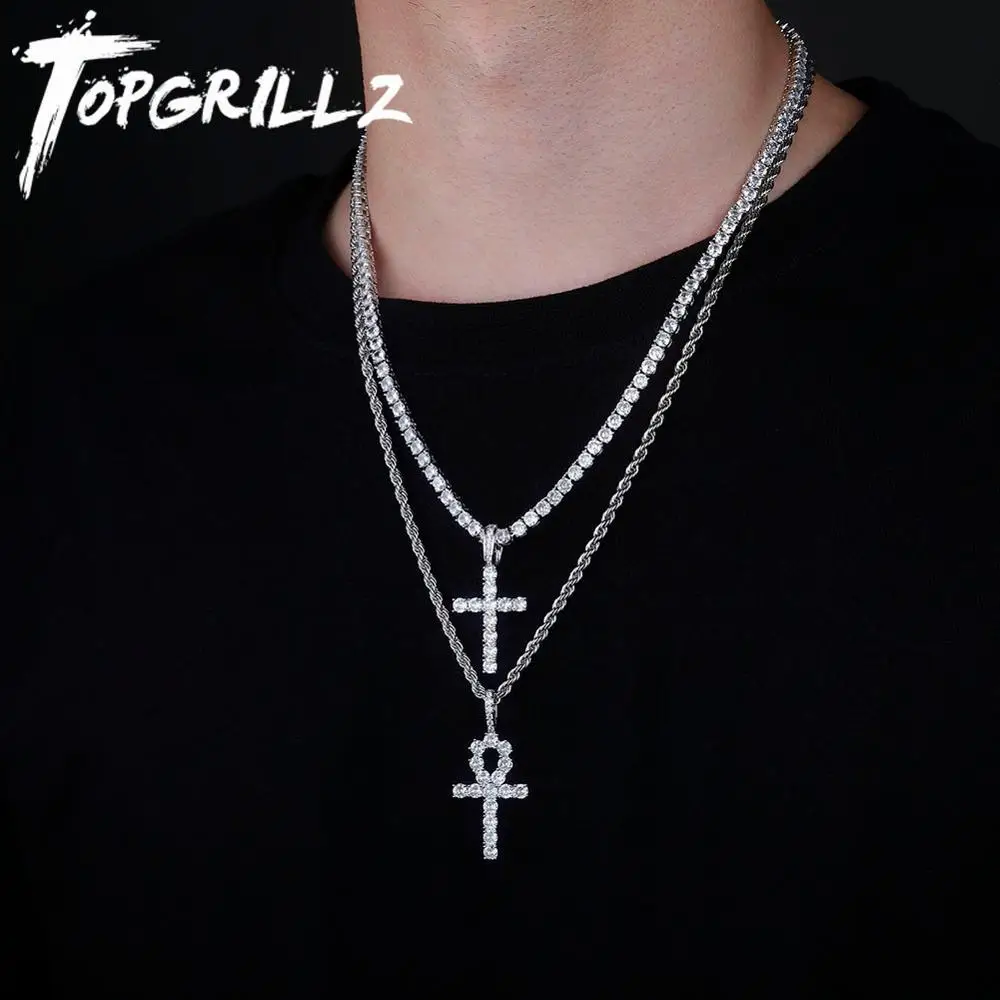

TOPGRILLZ Iced Out Cross Pendant With 4mm 20'' Tennis Chain Ankh Cross 24'' Rope Chain Pendant Necklace Hip Hop Jewelry
