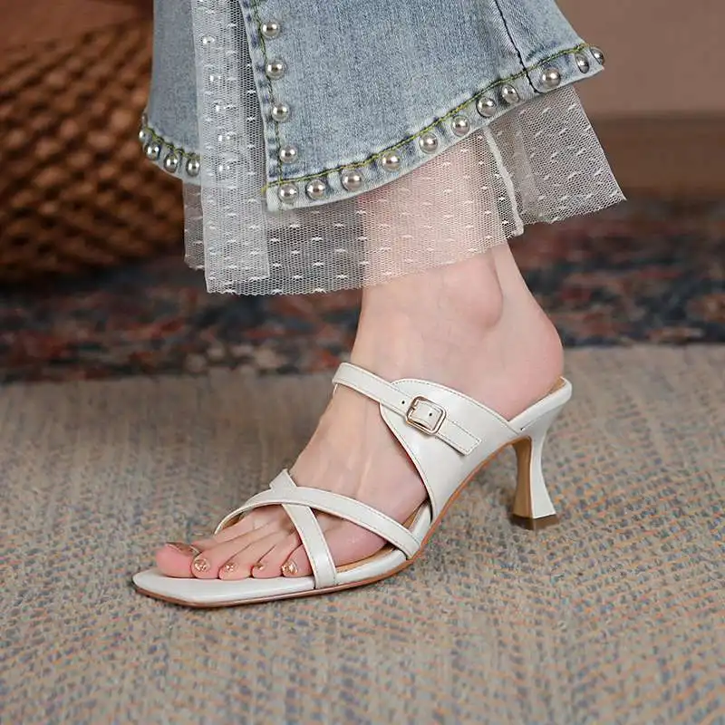 

lenkisen open toe fall grain leather thin high heels slingback daily wear solid energy simple style slip on women sandals L03