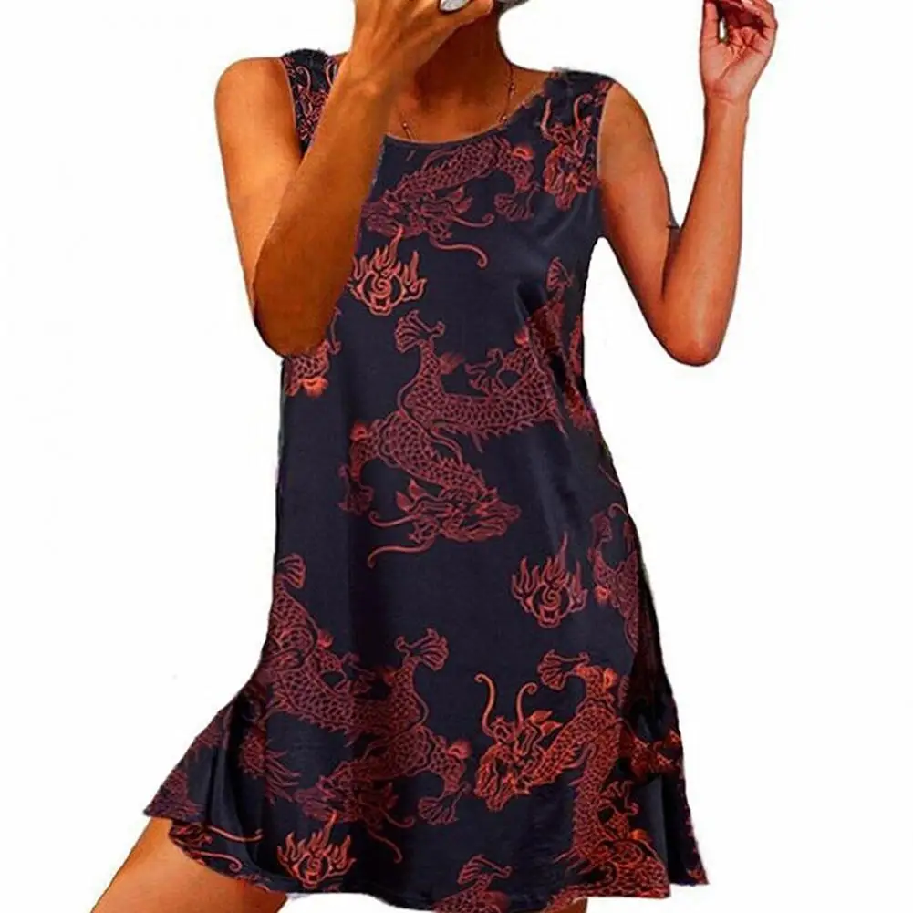 

Summer Dress Dragon Print Loose Women Round Neck Sleeveless Mini Dress robe femme vestido de mujer платье летнее 2021