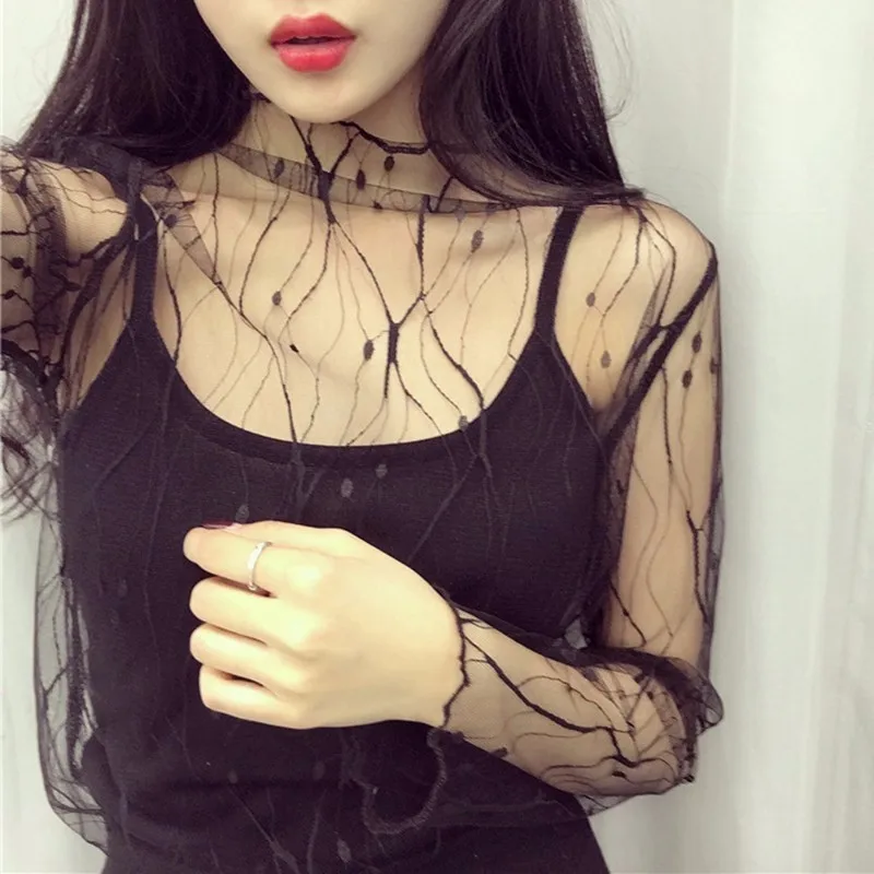 

Transparent Pullover T Shirts Mesh Lace Sexy T Shirt Womens Stand Collar Hollow Out Basic Spring Fashion Tops