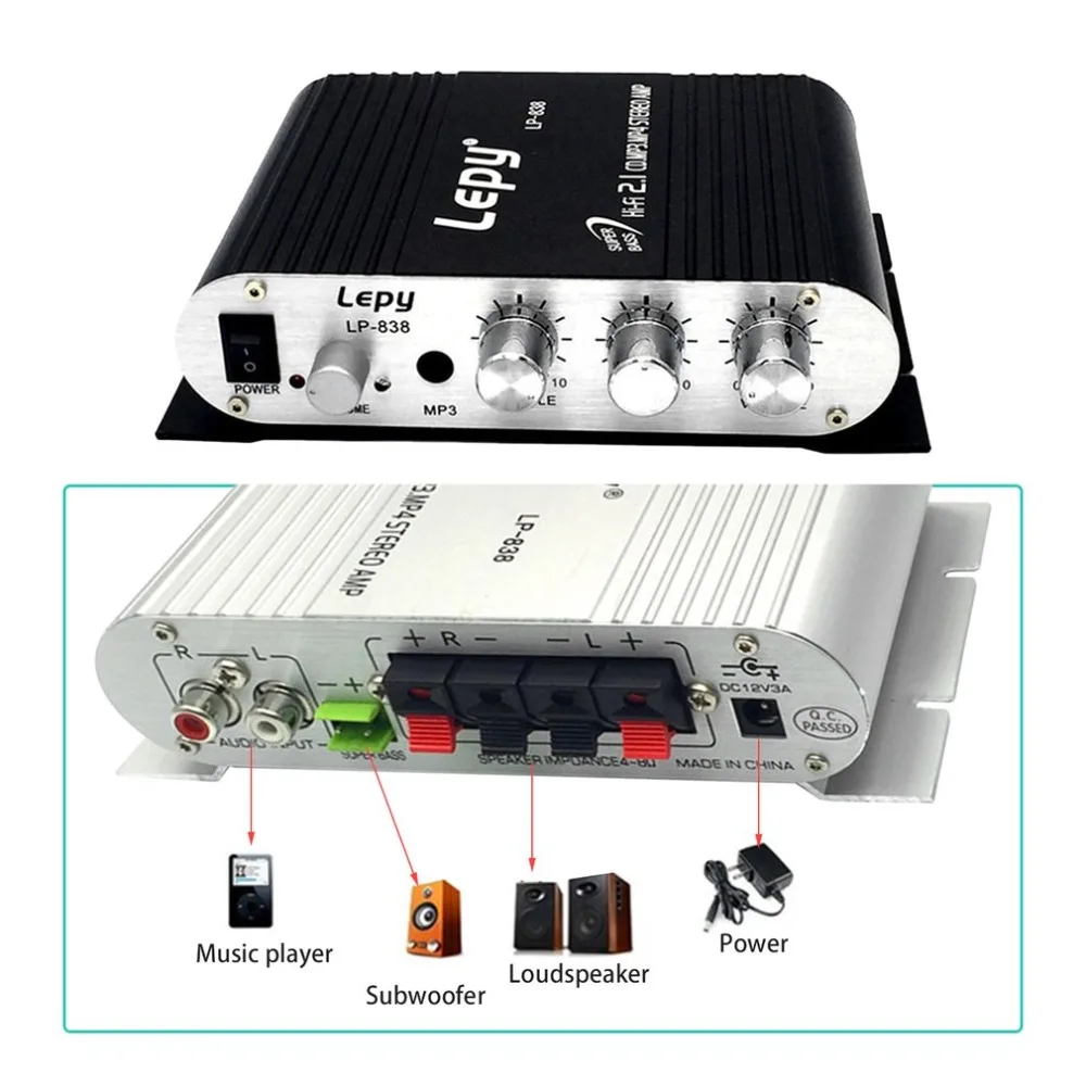 LP-838 портативный усилитель мощности Hi-Fi 2,1 MP3 радио аудио стерео бас усилитель динамиков плеер для дома автомобиля Мотоцикл черный белый