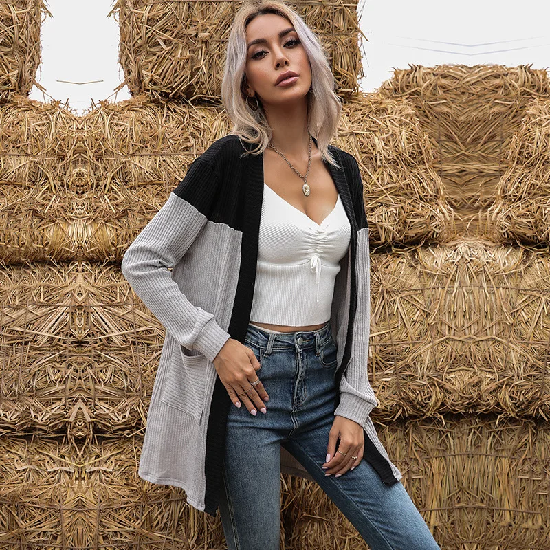 

Fall 2021 New Hot Sale V Neck Knitted Cardigan Women Long Sleeve Spot Loose Splicing Sweater Casual Street Top Cotton Y2K
