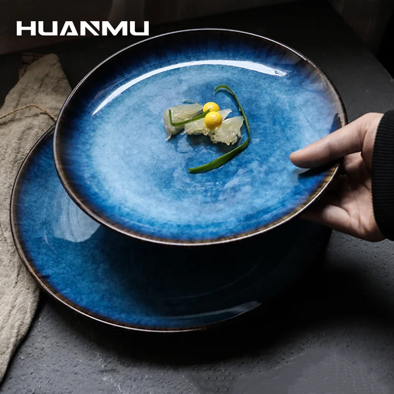 

Nordic Ceramic Tableware Household Creative Ceramic Cake Plate Blue Tray Tableware Retro Steak Western Fruit Salad Big Dishes