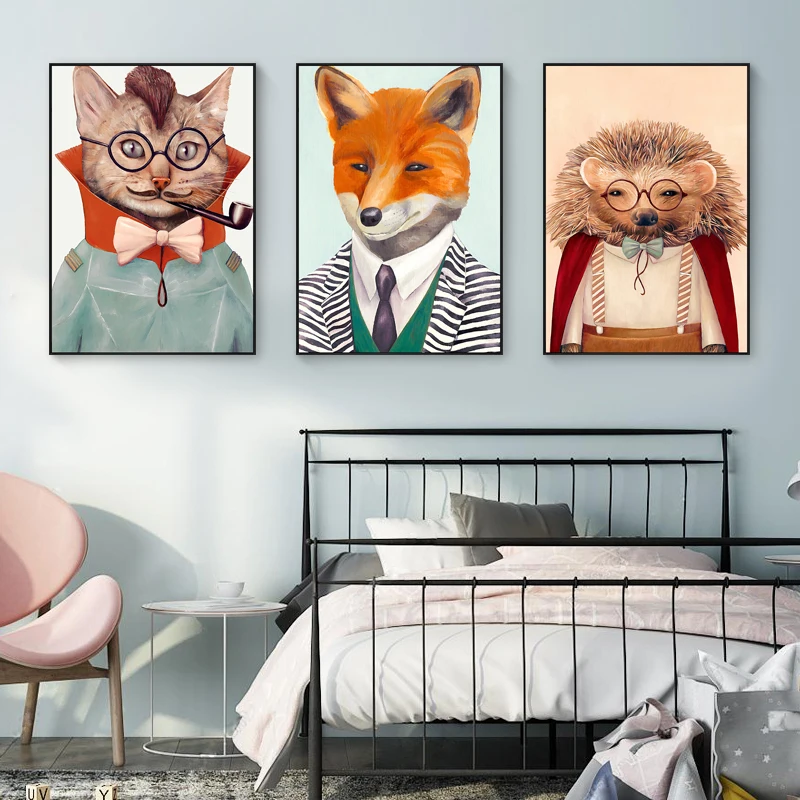 

Smoking Cat Canvas Posters and Prints Cartoon Sir Dog Giraffe Fox Hedgehog Abstract Cuadros Nordic Animal Decorative Paintings