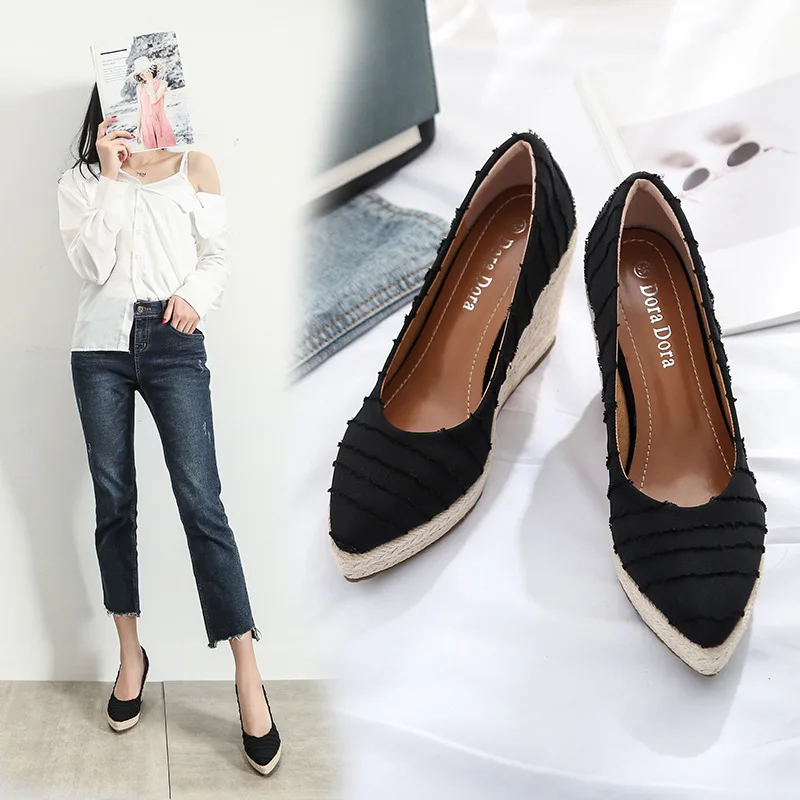 

Женские эспадрильи на танкетке, туфли на толстом высоком каблуке и платформе, с закрытым носком, соломенное плетение, весна и осень, 2021