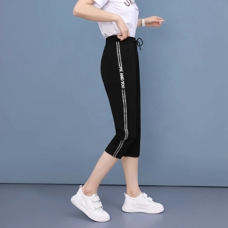Капри женские спортивные штаны 2020 летние корейский стиль высокая талия размера