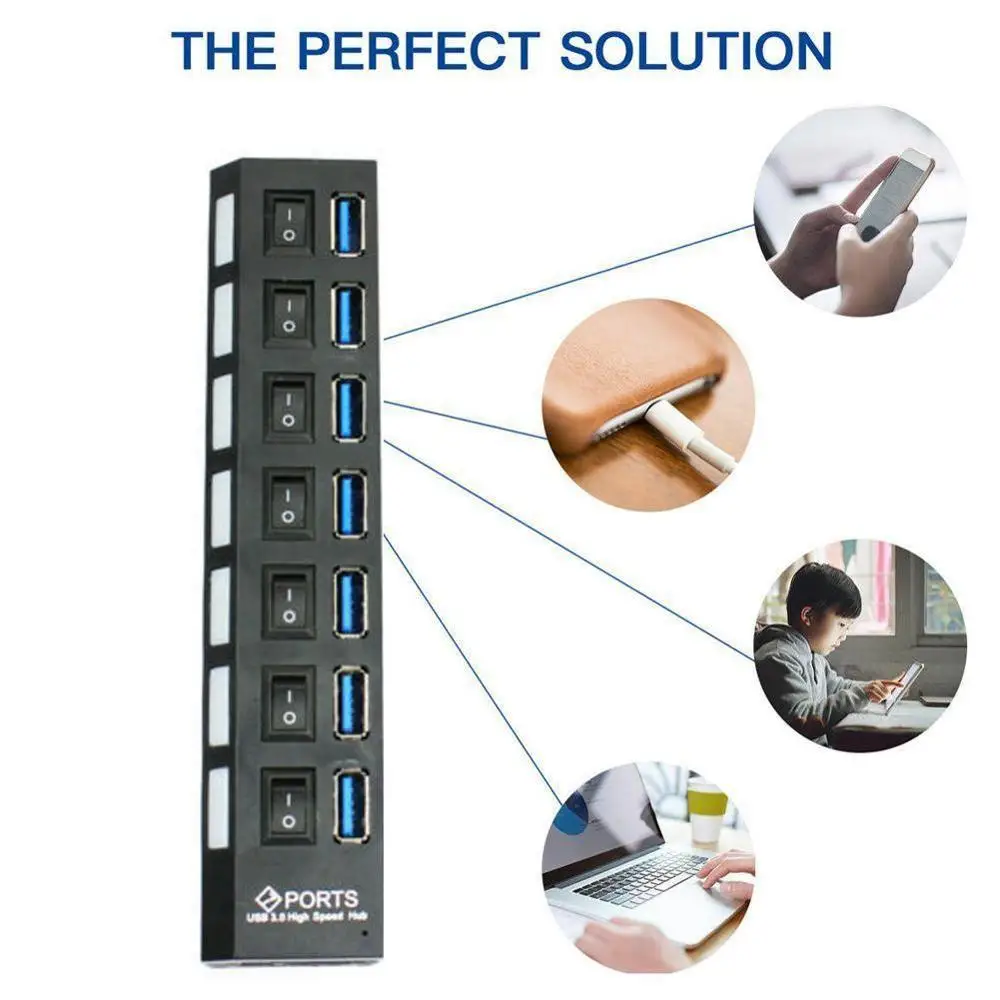 

Led Light USB 2.0 Splitter 7Ports USB Hub Computer Independent Power Switch Charger Adapter 7 In 1