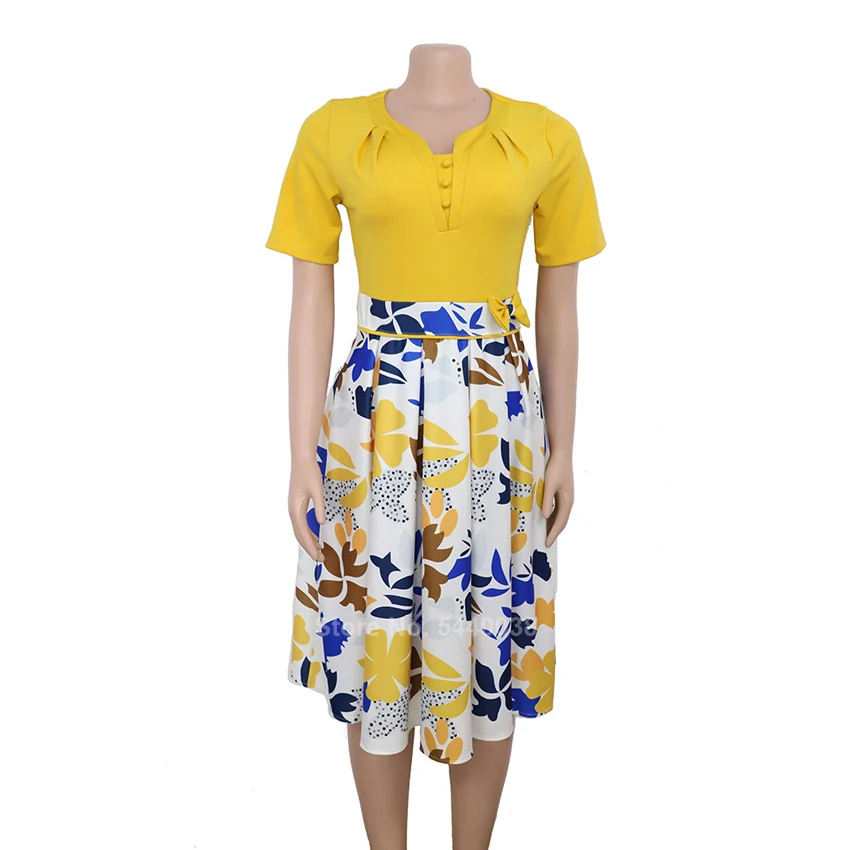 

2020 New Fashion African Dashiki High Quality Dress for Elegant Women Floral Pattern Stiching Short Sleeve Dress Plus Size