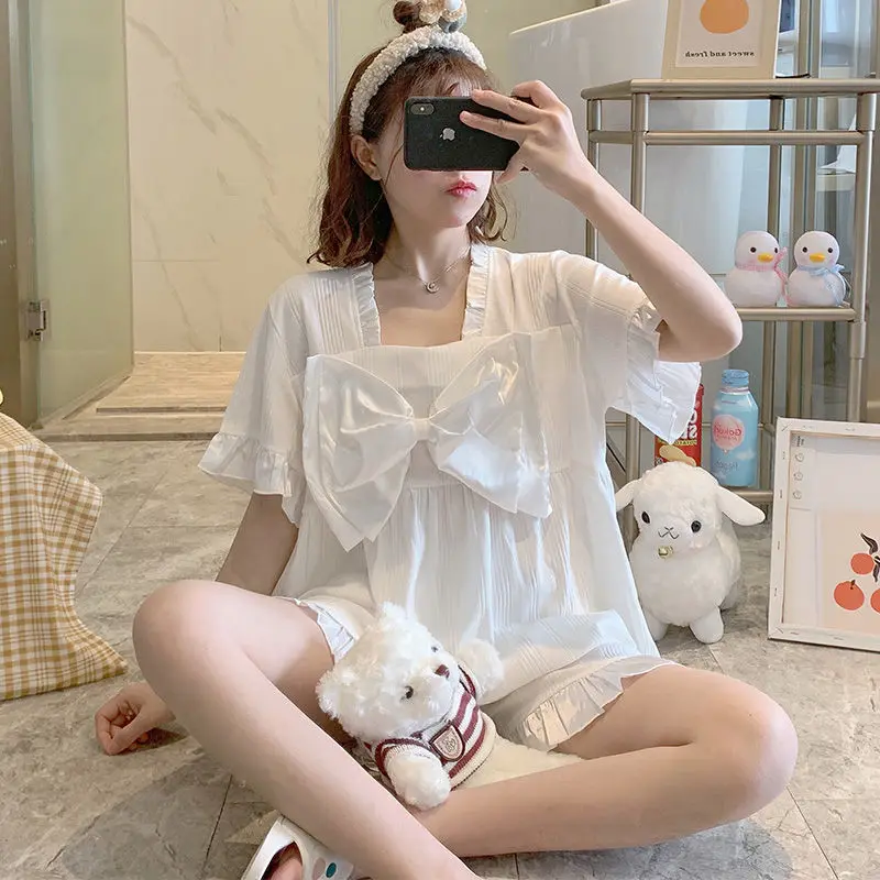 Spring and Summer New Combed Cotton Sweet Pajamas Girls Boudoir Net Red Short-sleeved Bow Ice Silk Loose Can Wear OutsidePajamas