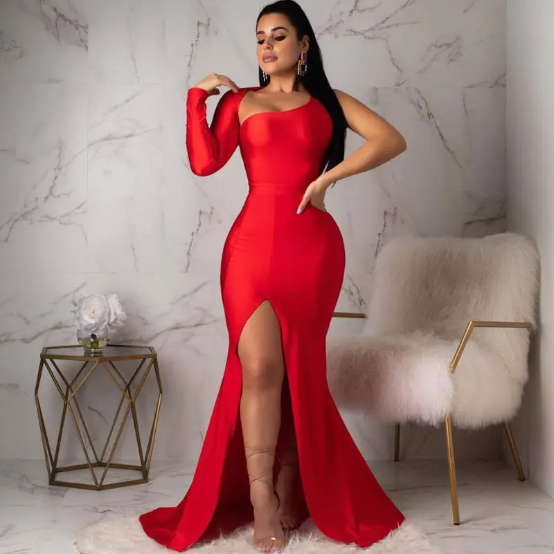 

Dexy Party Dresses for Women Solid One Shoulder Backless Long Sleeve High Split Maxi Dress
