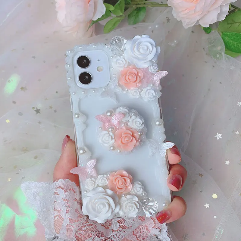 

Чехол для iPhone 11/12 pro max ручной работы, 3D чехол для телефона с цветами, XS MAX XR, кремовый чехол с изображением сказочной бабочки, iP7/8 plus, держатель ...