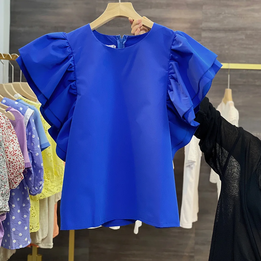 

2021 Fashion Flying Sleeve Blouse Woman Shirts Sweet Ruffles Age-reducing Summer Women Tops All Match Simple Blusas Mujer